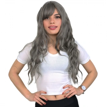 Perçemli Uzun Su Dalgası Fiber Sentetik Peruk- Koyu Gri
