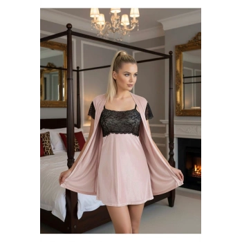 Pudra Kadife Sabahlık & Gecelik Takım 2 Li - 1430