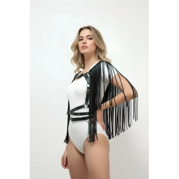 Püskül Detaylı Deri Göğüs Harness, Deri Harness Püsküllü Ceket - APFT999