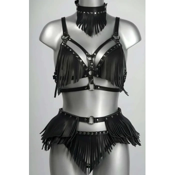 Püskül Detaylı Şık Deri Harness Takım - APFT627