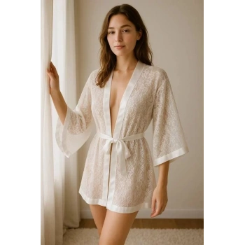 Saten Biyeli Beyaz Dantel Sabahlık