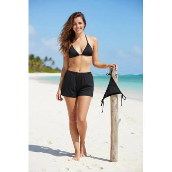 Siyah 3’lü Bikini Takımı Şortlu Yandan Bağlamalı Üçgen Üst Esnek Kadın Mayo