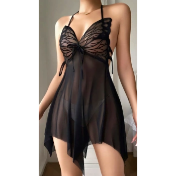 Siyah Butterfly Lace Kelebek İşlemeli Tül Fantezi Gecelik
