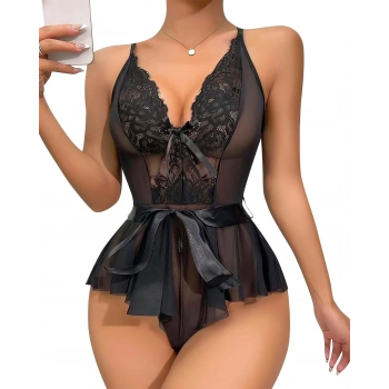 Siyah Dantel İşlemeli Kurdelalı Fantezi Tül Babydoll