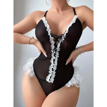 Siyah Dantel İşlemeli Sırt Dekolteli Fantezi Body