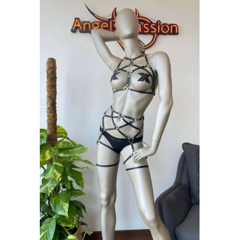 Siyah Deri Jartiyer ve Büstiyer Harness - APFT415