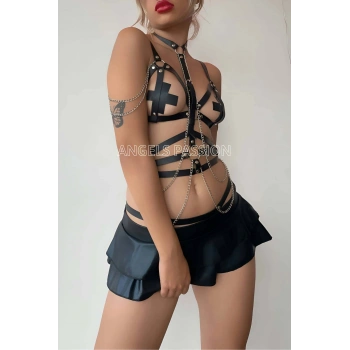 Siyah Deri Korse Harness Takım - Brf299