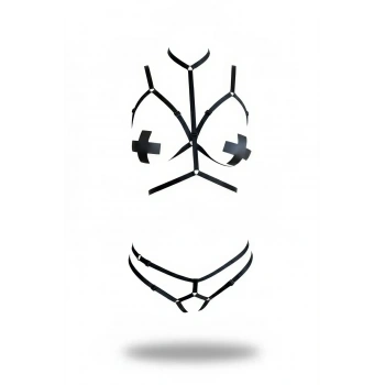 Siyah Harness Takım Yüksek Boyunlu Vücut Sarmalayan - Brf144