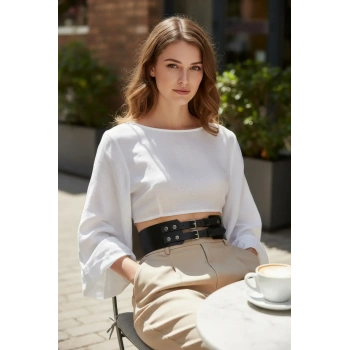 Siyah Kadın Kemer Kalın Çift Tokalı Bel Aksesuarı - Brf1203