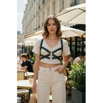 Siyah Kadın Kemer Metal Halkalı Çapraz Göğüs Aksesuarı - Brf1182