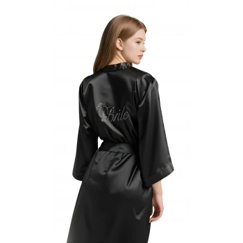 Siyah Saten Bride Sabahlık Zarif Kadın Ev Giyim