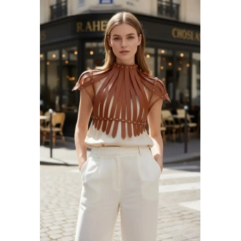 Taba Kadın Kemer Deri Şeritli Yüksek Yaka Vücut Aksesuarı - Brf1257