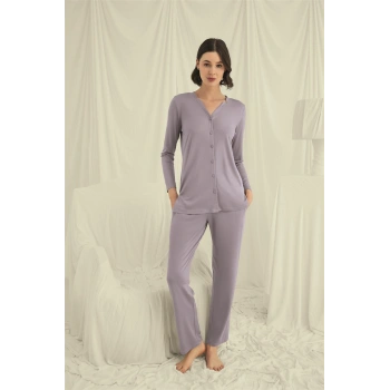 Uzun Kollu Düğmeli V Yaka Pijama Takımı