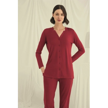 Uzun Kollu Düğmeli V Yaka Pijama Takımı
