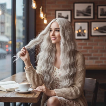 Uzun Su Dalgası Fiber Sentetik Peruk - Küllü Beyaz