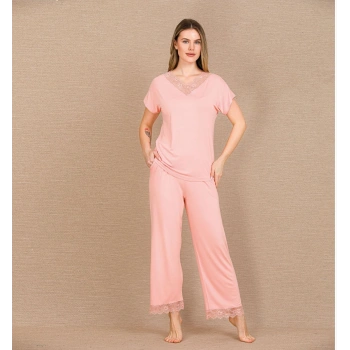 Viskon Şık Tasarım Dantel İşlemeli Açık Pembe Kısa Kol Pijama Takımı