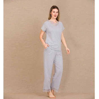 Viskon Şık Tasarım Dantel İşlemeli Gri Kısa Kol Pijama Takımı