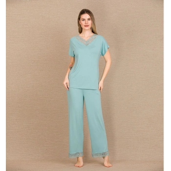 Viskon Şık Tasarım Dantel İşlemeli Mint Yeşil Kısa Kol Pijama Takımı