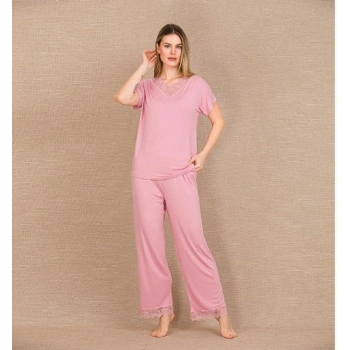 Viskon Şık Tasarım Dantel İşlemeli Pembe Kısa Kol Pijama Takımı
