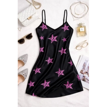 Yıldız Desenli Siyah Askılı Saten Gecelik