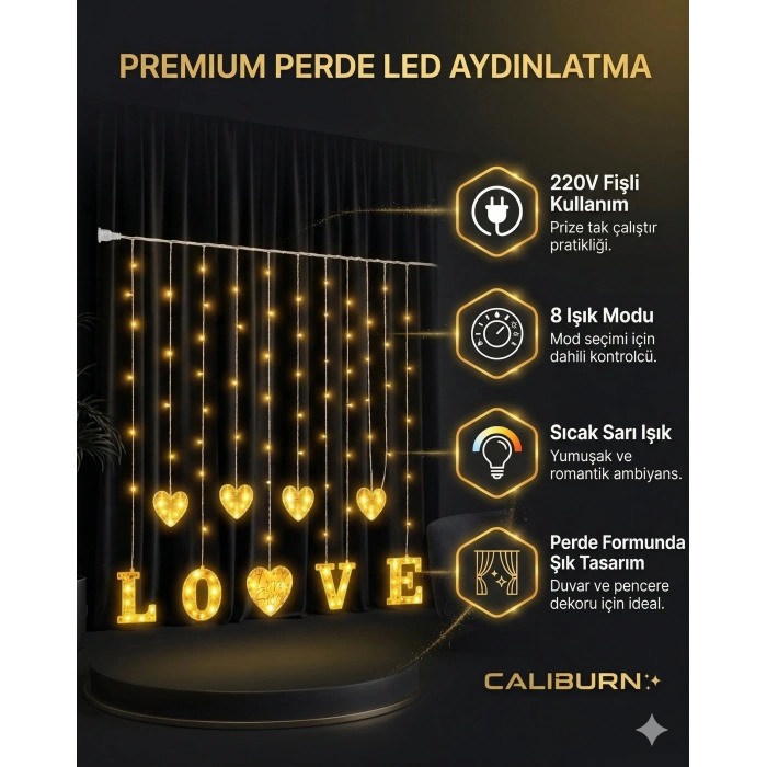 3 Metre Perde Led Işık - 8 Modlu Kalp ve LOVE Figürlü Dekoratif Animasyonlu Led