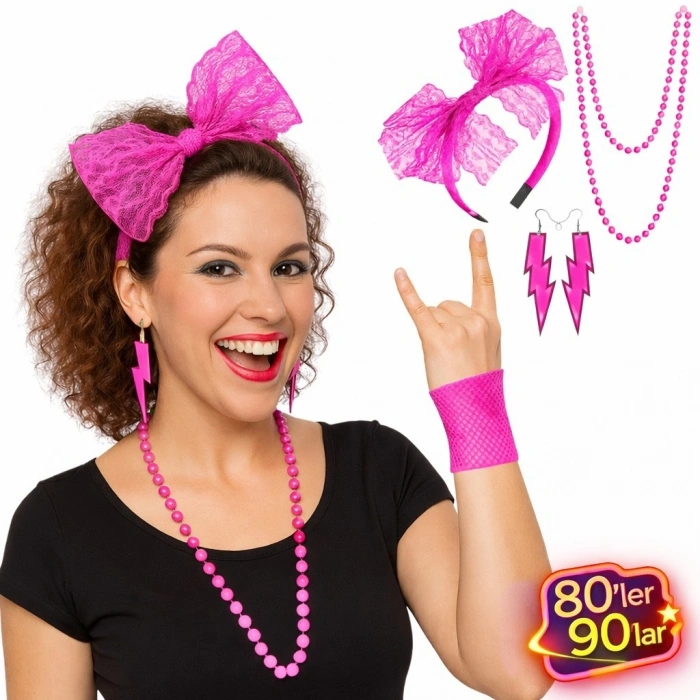 80’ler 90’lar Neon Pembe Parti Seti – Kolye Küpe Taç
