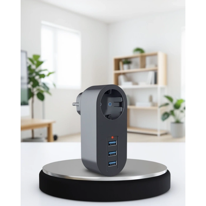 Akım Korumalı 2500W Priz 3 USB Çıkışlı