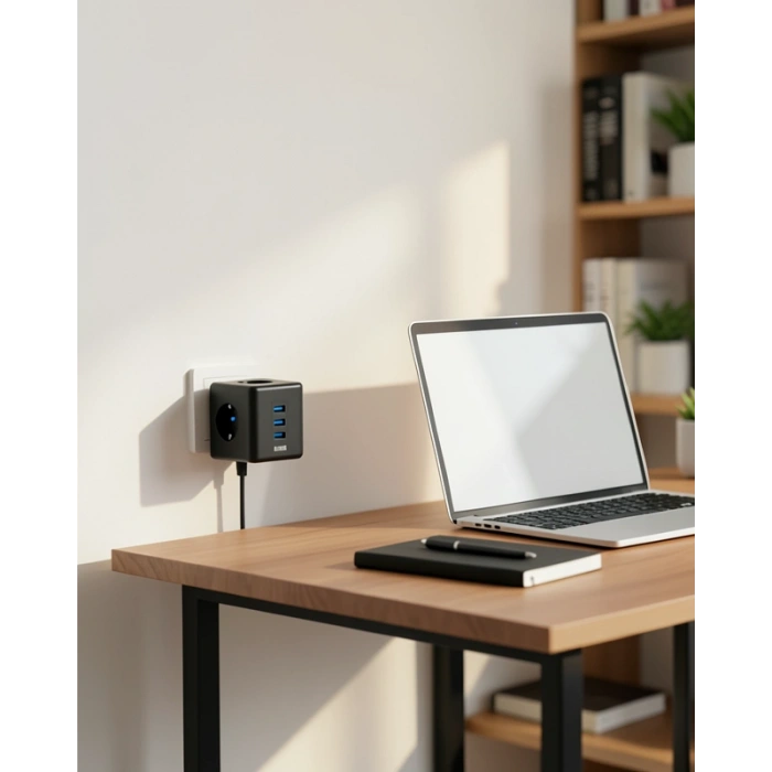 Akım Korumalı Küp Priz 3 Priz 3 USB-A
