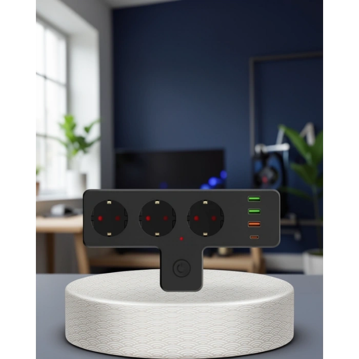 Anahtarlı Çoklu Priz USB ve Type-C Portlu