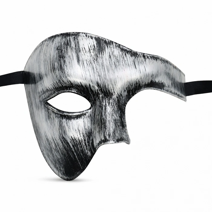 Antik Eskitme Gümüş Erkek Yarım Maske - Phantom & Balo Maskesi