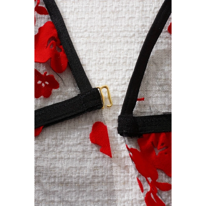 Çiçek Desenli Siyah Transparan Tül Gecelik TM1319