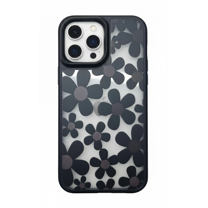 iPhone 16 Pro Max Çiçekli Kılıf Bağlama Aparatlı Siyah