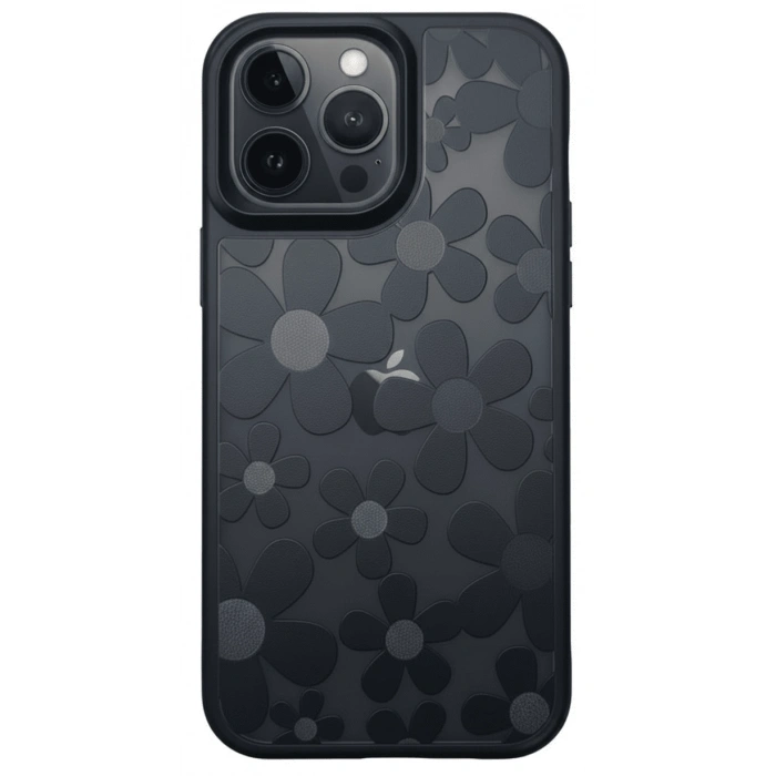 iPhone 16 Pro Max Çiçekli Kılıf Bağlama Aparatlı Siyah