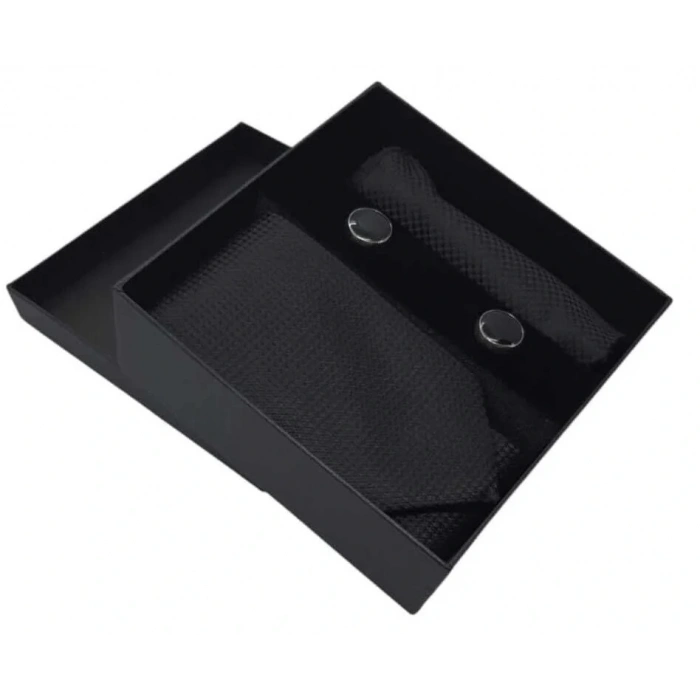 Kravat Düğme Set Siyah Desenli Kravat Mendil Kol Düğmesi Özel Set