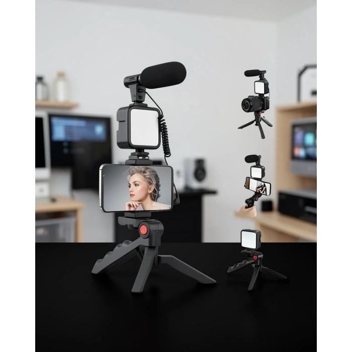 Mini Tripodlu Telefon Tutucu + Mikrofon