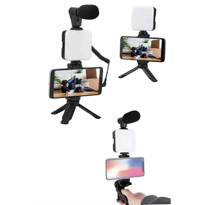 Mini Tripodlu Telefon Tutucu + Mikrofon