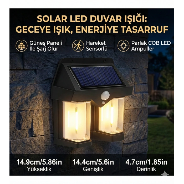 Rustik Ampul İkili Solar Duvar Aplik Güneş Enerjili Hareket Sensörlü