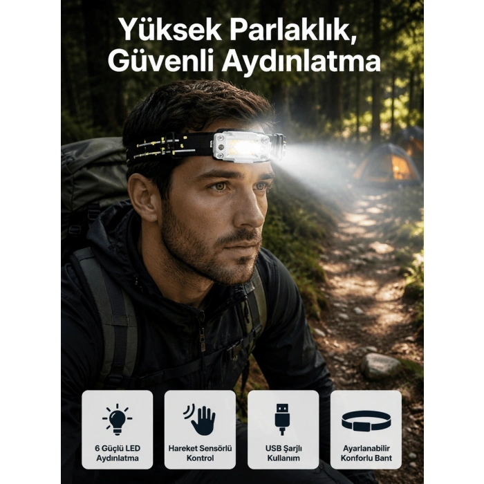 Yüksek Işıklı Şarjlı ve Sensörlü LED Kafa Lambası Kamp Lambası