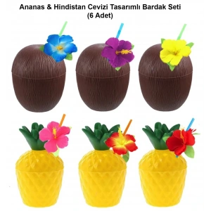 Ananas & Hindistan Cevizi Tasarımlı Pipetli Bardak Seti (6 Adet)