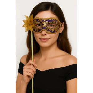 Lüks Taşlı Saplı Maskeli Balo Maskesi Mor Renk 35 cm