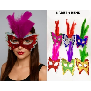 Renkli Parti Maskesi 6'lı | Tüylü Karton Maske Seti (Lastikli)
