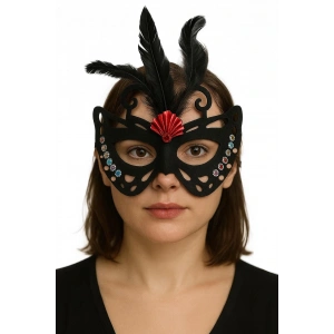 Siyah Renk Siyah Süet Kaplama Tüylü Kelebek Figür Parti Maskesi 24x18 cm