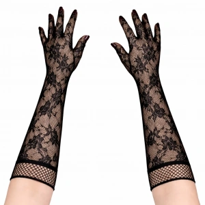 Siyah Uzun Gül Desenli Dantel Kadın Eldiveni
