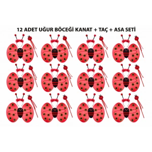 Uğur Böceği Kostüm Seti - Kanat Taç Asa 3 Parça 12 Adet
