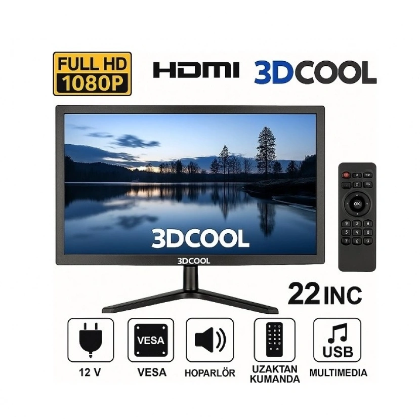 22İNÇ  Led  Monitör TV 1080P FULL HD 12V ( Kumandalı )  ( HDMI, VGA,AUX, USB)