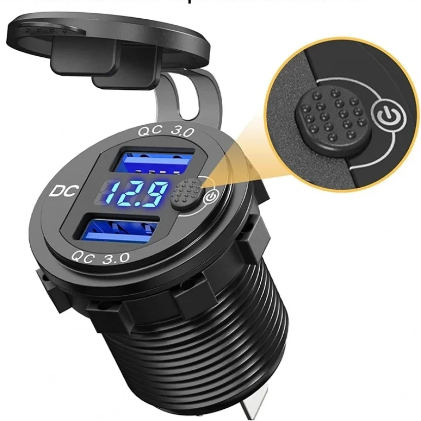 İki Usb Type-A  Şarj Cihazı  (Voltmetreli - On-Off Anahtarlı - Mavi Işıklı) 5V 3A/9V 2A /12V 1,5A Max : 36W