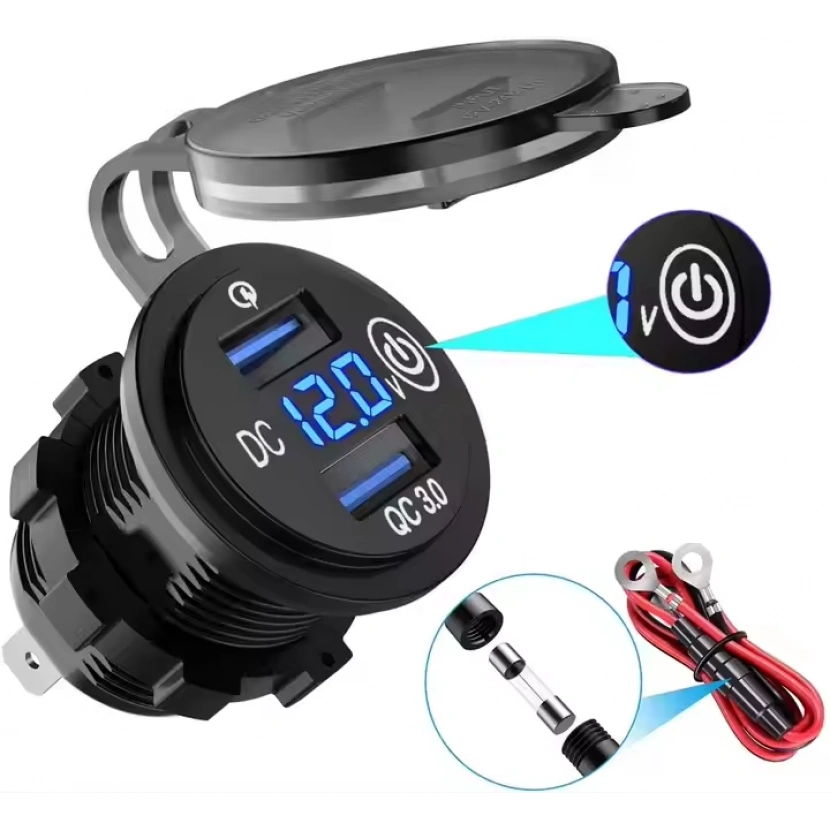 Çift USB araç şarj soketi QC3.0 hızlı hızlı şarj LED dijital voltmetre dokunmatik anahtarı 12-24V su geçirmez