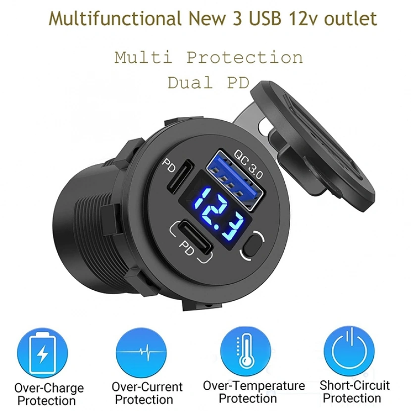 MELLİFERA BİR USB TYPE-A VE BİR USB TYPE-C ŞARJ CİHAZI (KAPAKLI-ON/OFF ANAHTARLI-MAVİ IŞIKLI)