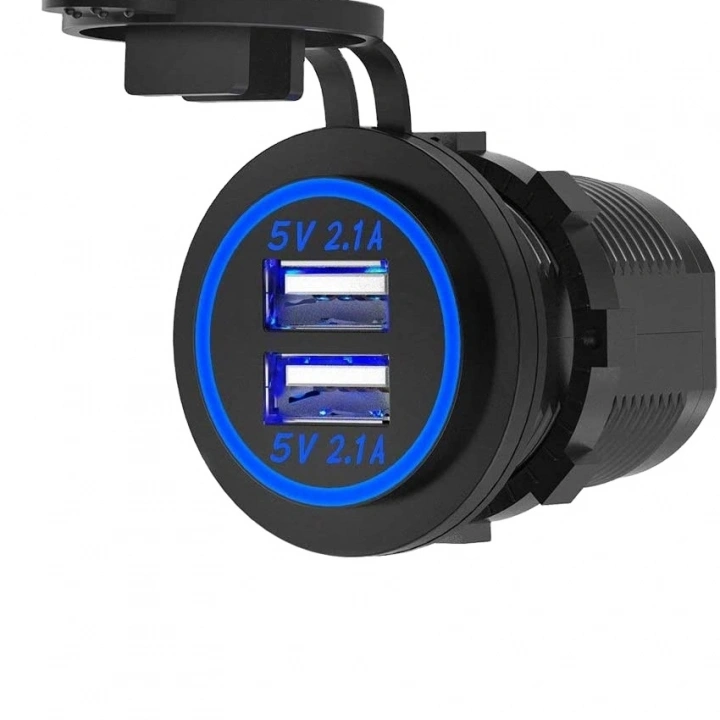 Type-A İki USB 12v priz paneli monte çift USB güç soketi 4.8A su geçirmez güç çıkışı çift şarj Cihazı (Mavi ışıklı)