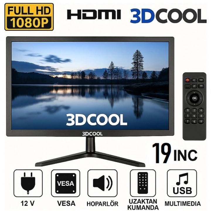 19 İNÇ  Led Monitör HD READY TV  (Kumandalı) (VGA,HDMI,RCA,USB,AUX)  12V -  220V İLE ÇALIŞABİLİR